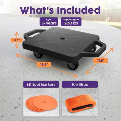 Hurtle Kids Scooter Board - With Handles, Tow Strap, Smooth Casters, And Flat Round Cones For Indoor Play, Gym Classes, And Pe Activities (Black)