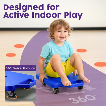 Hurtle Kids Scooter Board - With Handles, Tow Strap, Smooth Casters, And Flat Round Cones For Indoor Play, Gym Classes, And Pe Activities (Blue)