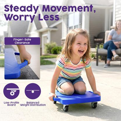 Hurtle Kids Scooter Board - With Handles, Tow Strap, Smooth Casters, And Flat Round Cones For Indoor Play, Gym Classes, And Pe Activities (Blue)