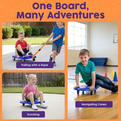 Hurtle Kids Scooter Board - With Handles, Tow Strap, Smooth Casters, And Flat Round Cones For Indoor Play, Gym Classes, And Pe Activities (Blue)