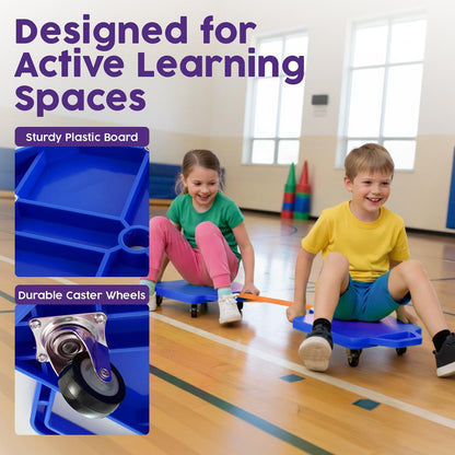 Hurtle Kids Scooter Board - With Handles, Tow Strap, Smooth Casters, And Flat Round Cones For Indoor Play, Gym Classes, And Pe Activities (Blue)