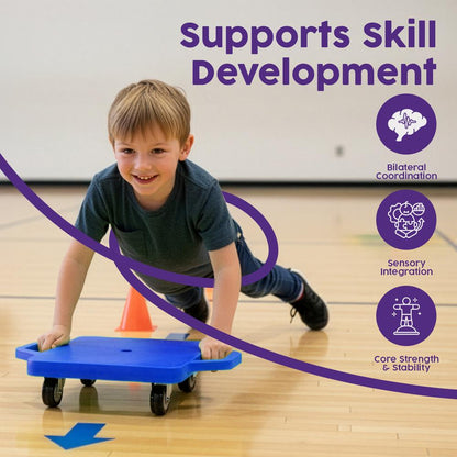 Hurtle Kids Scooter Board - With Handles, Tow Strap, Smooth Casters, And Flat Round Cones For Indoor Play, Gym Classes, And Pe Activities (Blue)