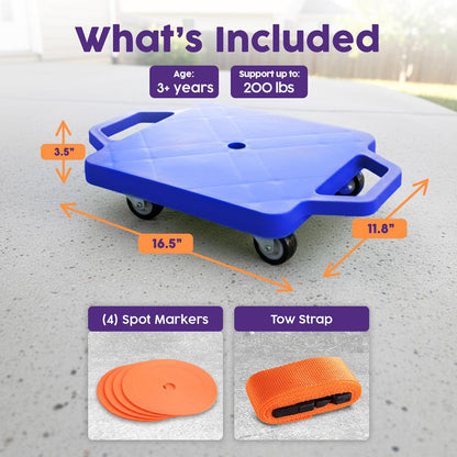 Hurtle Kids Scooter Board - With Handles, Tow Strap, Smooth Casters, And Flat Round Cones For Indoor Play, Gym Classes, And Pe Activities (Blue)