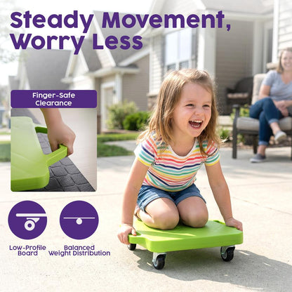 Hurtle Kids Scooter Board - With Handles, Tow Strap, Smooth Casters, And Flat Round Cones For Indoor Play, Gym Classes, And Pe Activities (Green)