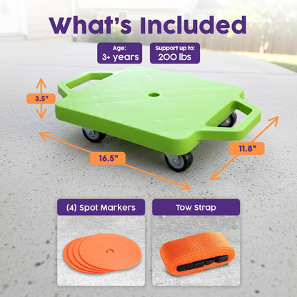 Hurtle Kids Scooter Board - With Handles, Tow Strap, Smooth Casters, And Flat Round Cones For Indoor Play, Gym Classes, And Pe Activities (Green)