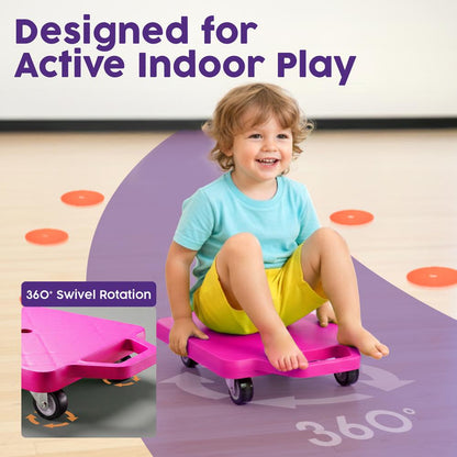 Hurtle Kids Scooter Board - With Handles, Tow Strap, Smooth Casters, And Flat Round Cones For Indoor Play, Gym Classes, And Pe Activities (Pink)