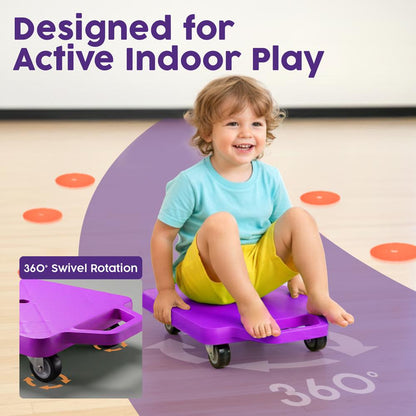 Hurtle Kids Scooter Board - With Handles, Tow Strap, Smooth Casters, And Flat Round Cones For Indoor Play, Gym Classes, And Pe Activities (Purple)