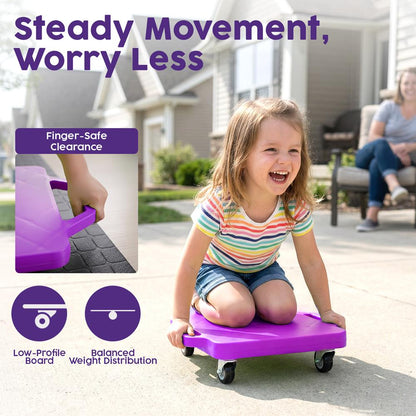 Hurtle Kids Scooter Board - With Handles, Tow Strap, Smooth Casters, And Flat Round Cones For Indoor Play, Gym Classes, And Pe Activities (Purple)