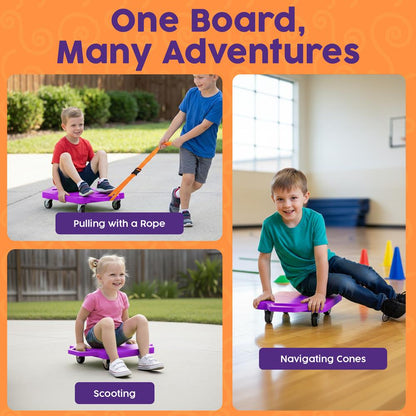 Hurtle Kids Scooter Board - With Handles, Tow Strap, Smooth Casters, And Flat Round Cones For Indoor Play, Gym Classes, And Pe Activities (Purple)