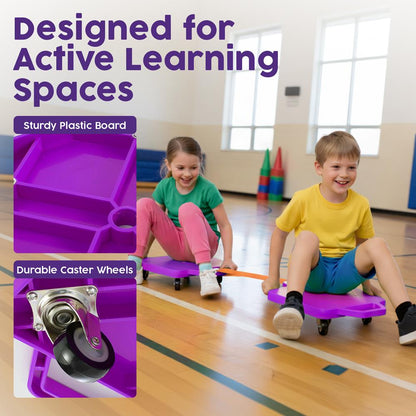 Hurtle Kids Scooter Board - With Handles, Tow Strap, Smooth Casters, And Flat Round Cones For Indoor Play, Gym Classes, And Pe Activities (Purple)