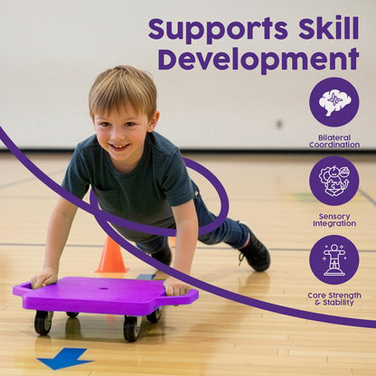 Hurtle Kids Scooter Board - With Handles, Tow Strap, Smooth Casters, And Flat Round Cones For Indoor Play, Gym Classes, And Pe Activities (Purple)