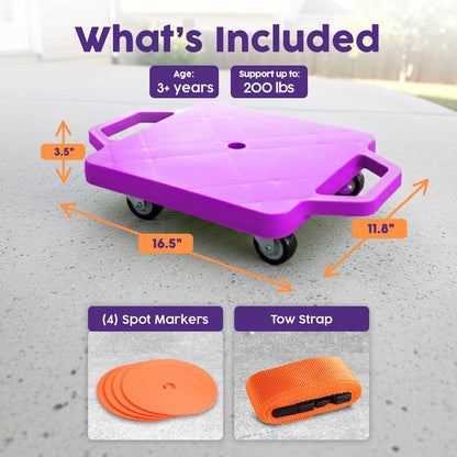 Hurtle Kids Scooter Board - With Handles, Tow Strap, Smooth Casters, And Flat Round Cones For Indoor Play, Gym Classes, And Pe Activities (Purple)
