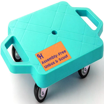 Hurtle Kids Scooter Board - With Handles, Tow Strap, Smooth Casters, And Flat Round Cones For Indoor Play, Gym Classes, And Pe Activities (Teal)