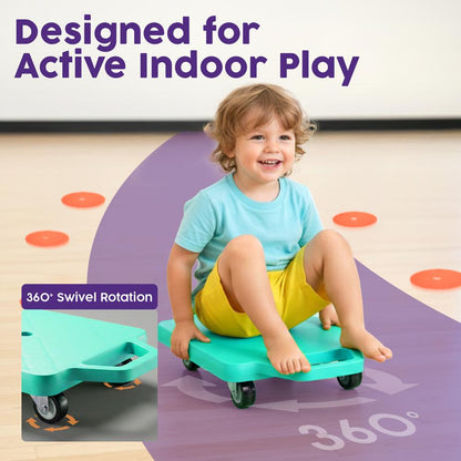 Hurtle Kids Scooter Board - With Handles, Tow Strap, Smooth Casters, And Flat Round Cones For Indoor Play, Gym Classes, And Pe Activities (Teal)
