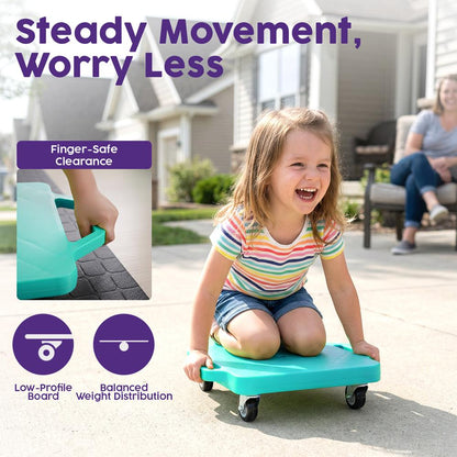 Hurtle Kids Scooter Board - With Handles, Tow Strap, Smooth Casters, And Flat Round Cones For Indoor Play, Gym Classes, And Pe Activities (Teal)