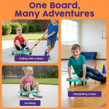 Hurtle Kids Scooter Board - With Handles, Tow Strap, Smooth Casters, And Flat Round Cones For Indoor Play, Gym Classes, And Pe Activities (Teal)