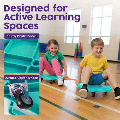 Hurtle Kids Scooter Board - With Handles, Tow Strap, Smooth Casters, And Flat Round Cones For Indoor Play, Gym Classes, And Pe Activities (Teal)