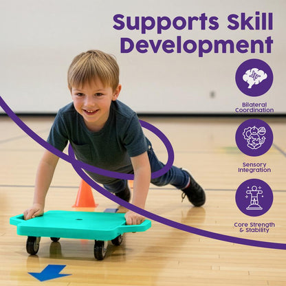 Hurtle Kids Scooter Board - With Handles, Tow Strap, Smooth Casters, And Flat Round Cones For Indoor Play, Gym Classes, And Pe Activities (Teal)