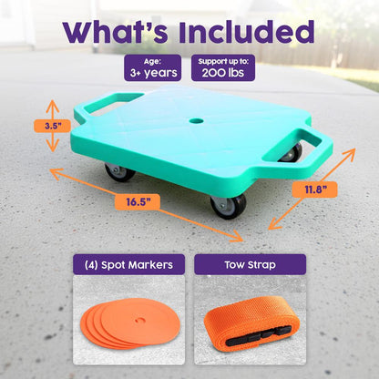 Hurtle Kids Scooter Board - With Handles, Tow Strap, Smooth Casters, And Flat Round Cones For Indoor Play, Gym Classes, And Pe Activities (Teal)