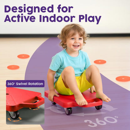 Hurtle Kids Scooter Board Set - With Handles, Tow Strap, Smooth Casters, And Flat Round Cones For Indoor Play, Gym Classes, And Pe Activities (Blue & Red)