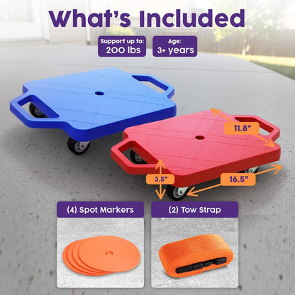Hurtle Kids Scooter Board Set - With Handles, Tow Strap, Smooth Casters, And Flat Round Cones For Indoor Play, Gym Classes, And Pe Activities (Blue & Red)