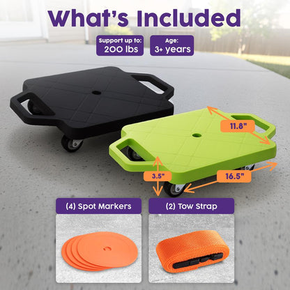 Hurtle Kids Scooter Board Set - With Handles, Tow Strap, Smooth Casters, And Flat Round Cones For Indoor Play, Gym Classes, And Pe Activities (Green & Black)