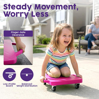 Hurtle Kids Scooter Board Set - With Handles, Tow Strap, Smooth Casters, And Flat Round Cones For Indoor Play, Gym Classes, And Pe Activities (Teal & Pink)