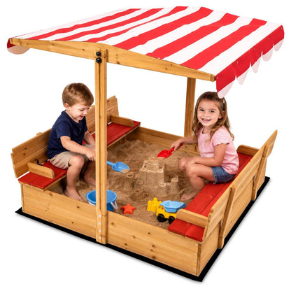 Hurtle Wooden Sandbox With Adjustable Hood For Kids, Safe Rounded Edges, Spacious And Durable For Outdoor Play (Red)