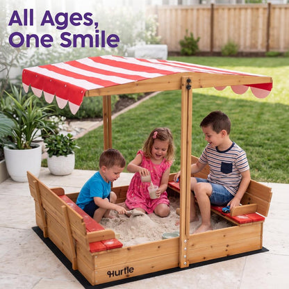 Hurtle Wooden Sandbox With Adjustable Hood For Kids, Safe Rounded Edges, Spacious And Durable For Outdoor Play (Red)
