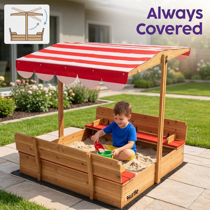 Hurtle Wooden Sandbox With Adjustable Hood For Kids, Safe Rounded Edges, Spacious And Durable For Outdoor Play (Red)