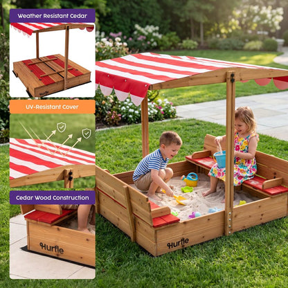 Hurtle Wooden Sandbox With Adjustable Hood For Kids, Safe Rounded Edges, Spacious And Durable For Outdoor Play (Red)