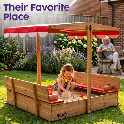 Hurtle Wooden Sandbox With Adjustable Hood For Kids, Safe Rounded Edges, Spacious And Durable For Outdoor Play (Red)