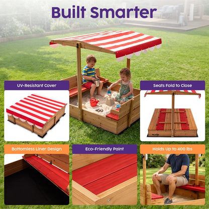 Hurtle Wooden Sandbox With Adjustable Hood For Kids, Safe Rounded Edges, Spacious And Durable For Outdoor Play (Red)