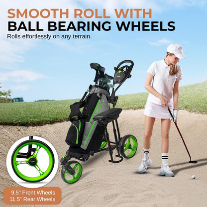 3-Wheel Golf Push Cart with Seat, Lightweight Steel Frame, Foldable