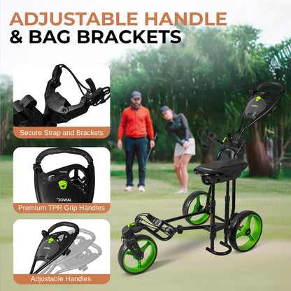 3-Wheel Golf Push Cart with Seat, Lightweight Steel Frame, Foldable