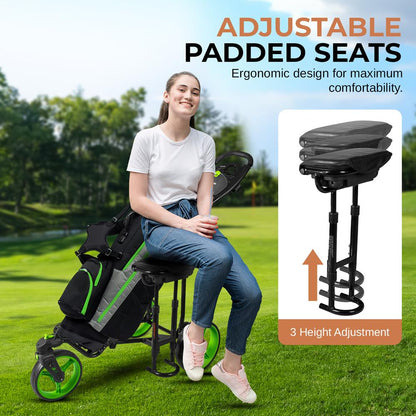 3-Wheel Golf Push Cart with Seat, Lightweight Steel Frame, Foldable