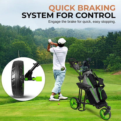 3-Wheel Golf Push Cart with Seat, Lightweight Steel Frame, Foldable