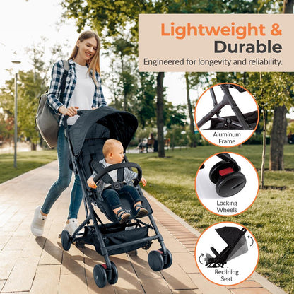 Lightweight Baby Stroller, Compact Fold, Reclining Seat, Aluminum Frame