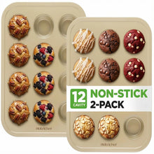 12 Cup Nonstick Muffin Pans, Easy Release Carbon Steel, Gold