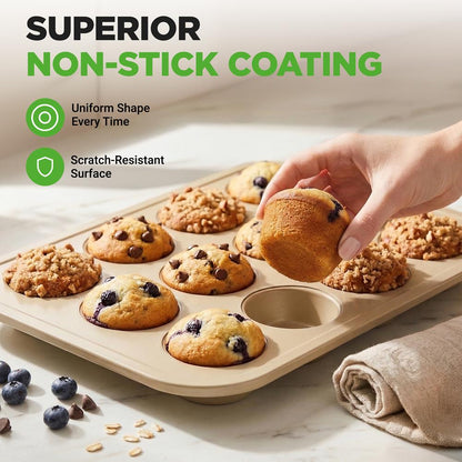 12 Cup Nonstick Muffin Pans, Easy Release Carbon Steel, Gold