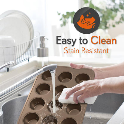 12 Cup Nonstick Muffin Pans, Easy Release Carbon Steel, Gold