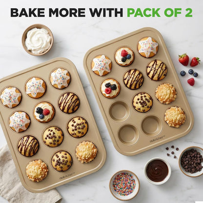12 Cup Nonstick Muffin Pans, Easy Release Carbon Steel, Gold