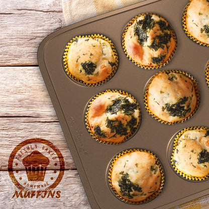 12 Cup Nonstick Muffin Pans, Easy Release Carbon Steel, Gold