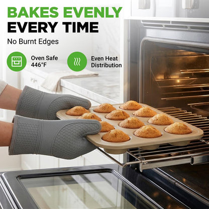 12 Cup Nonstick Muffin Pans, Easy Release Carbon Steel, Gold