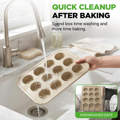 12 Cup Nonstick Muffin Pans, Easy Release Carbon Steel, Gold