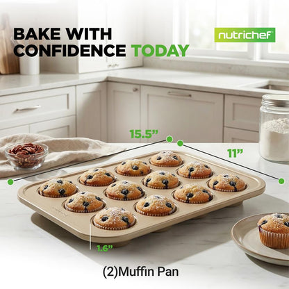 12 Cup Nonstick Muffin Pans, Easy Release Carbon Steel, Gold