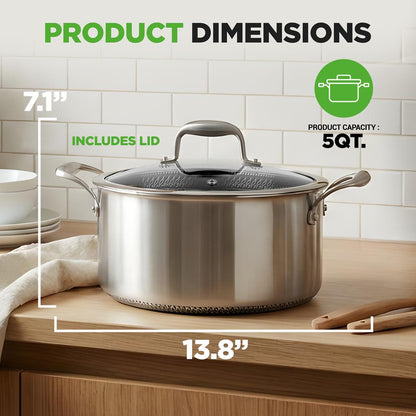 5 QT Stainless Steel Stew Pot - Non-Stick, Scratch-Resistant, Glass Lid