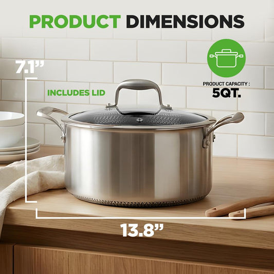 5 QT Stainless Steel Stew Pot - Non-Stick, Scratch-Resistant, Glass Lid