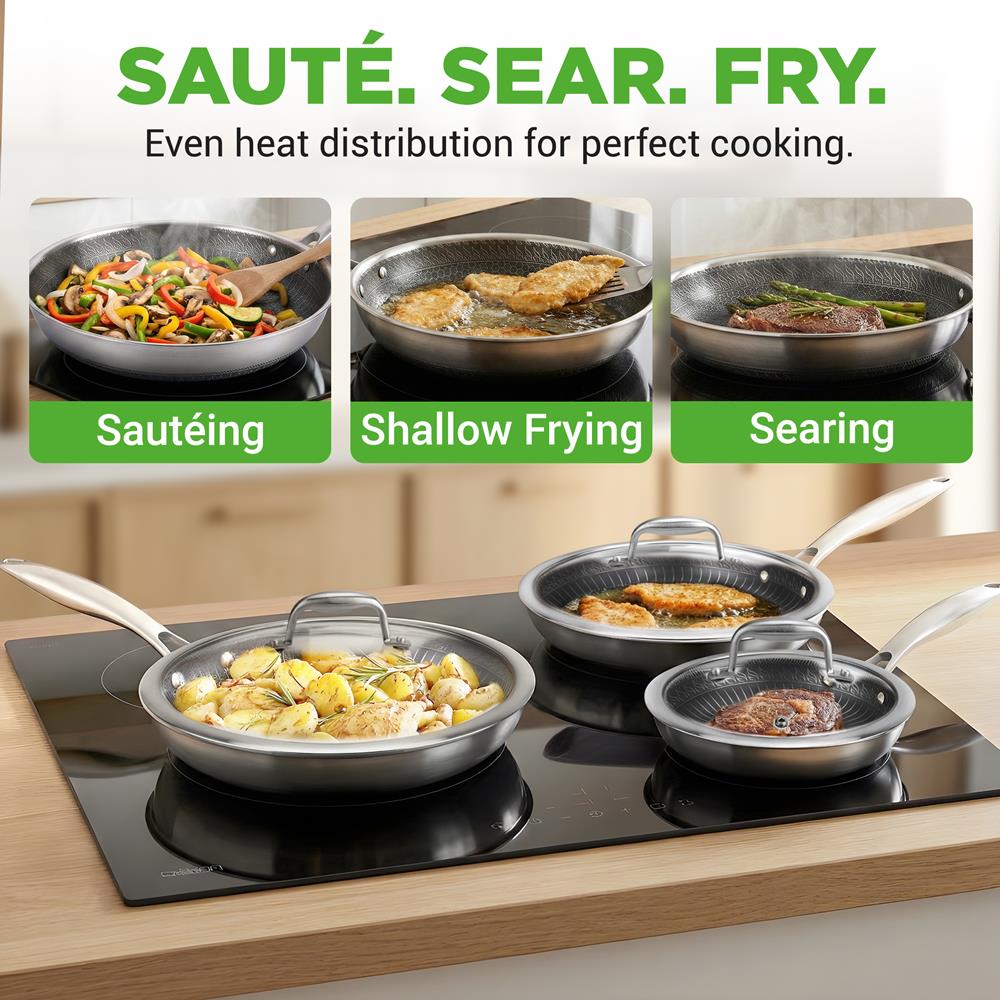 6-Piece Non-Stick Frying Pan Set, Quick Heat, Tri-Ply Stainless