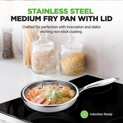 10" Stainless Steel Frying Pan, Non-Stick, Scratch-Resistant, w/Glass Lid